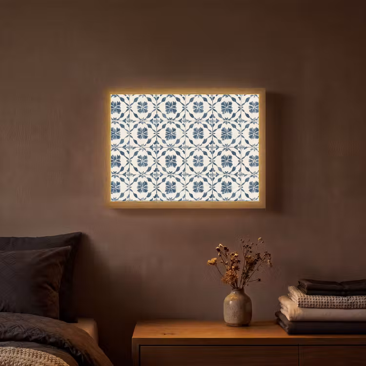 Grafisch - Tegel - Blauw Light Box met batterij (Wandlamp) middel 907 -sfeer4