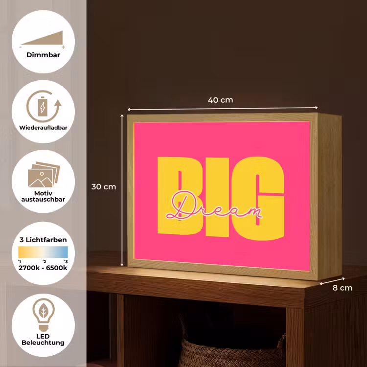 Dream big - Roze - Geel - Minimalistisch Light Box met batterij (Wandlamp) middel -USP_websiteoverzichtDE