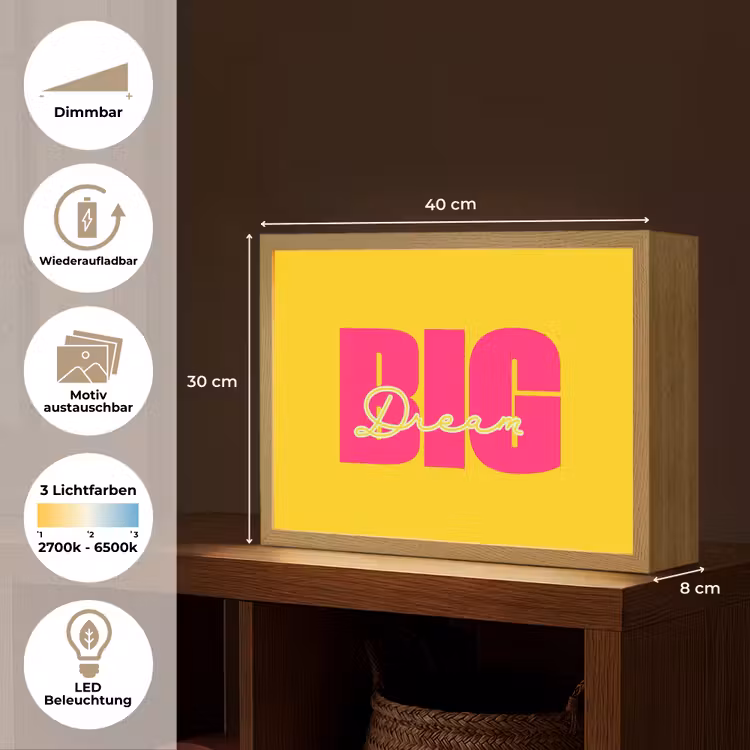 Dream big - Geel - Roze Light Box met batterij (Wandlamp) middel -USP_websiteoverzichtDE