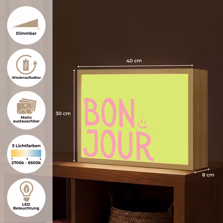 Groen - Smiley - Bonjour - Roze Light Box met batterij (Wandlamp) middel -USP_websiteoverzichtDE