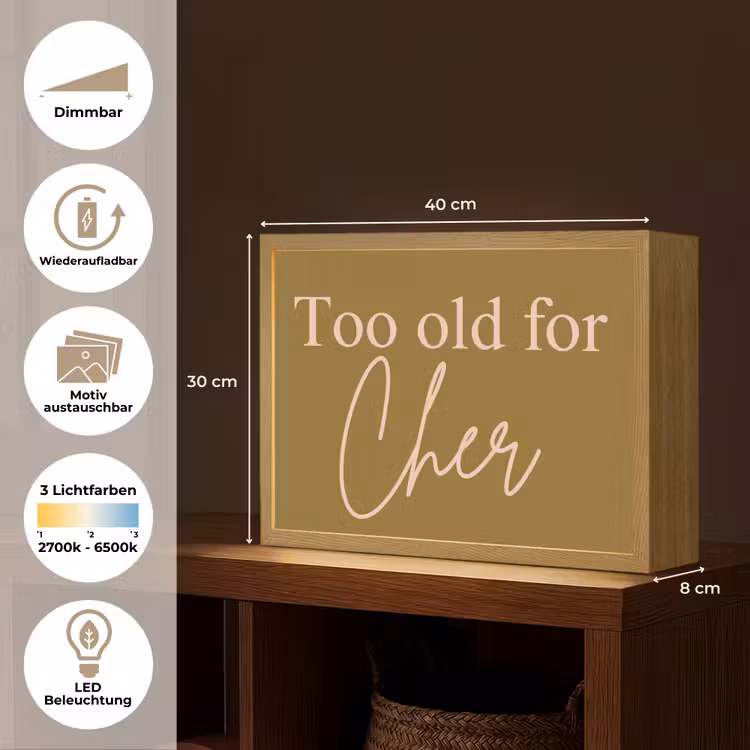 Groen - Too old for cher - Roze Light Box met batterij (Wandlamp) middel -USP_websiteoverzichtDE