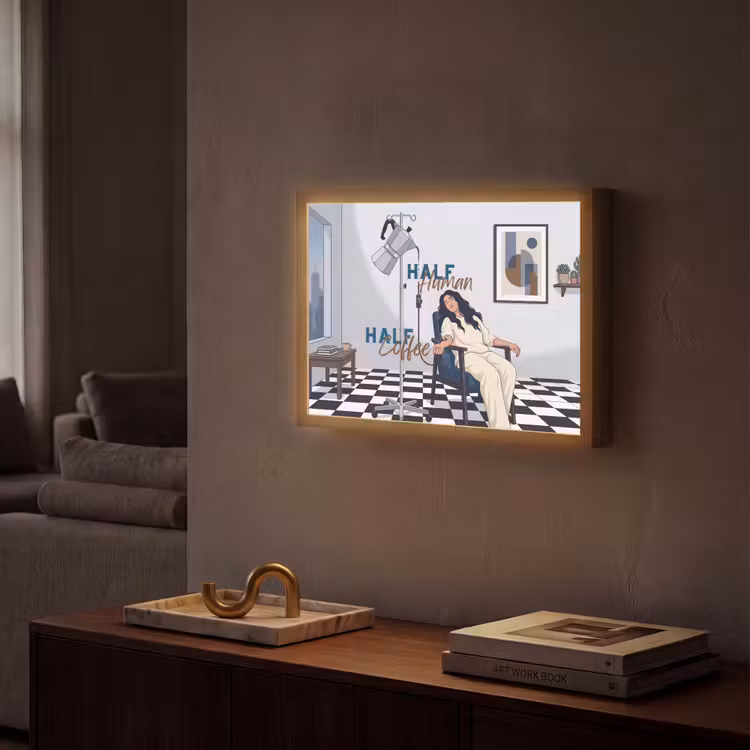 Half human, Half Coffee - Infuus - Koffie Light Box met batterij (Wandlamp) middel -sfeer1