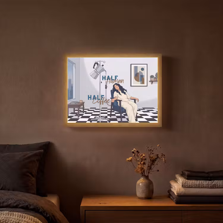Half human, Half Coffee - Infuus - Koffie Light Box met batterij (Wandlamp) middel -sfeer4