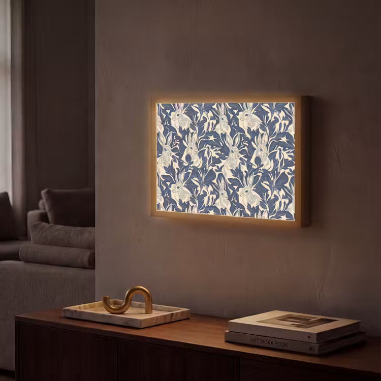 Hazen - Bladeren - Patroon - Blauw - Beige Light Box met batterij (Wandlamp) middel 907 -sfeer1