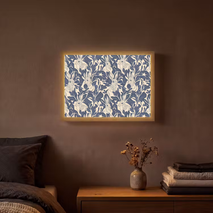 Hazen - Bladeren - Patroon - Blauw - Beige Light Box met batterij (Wandlamp) middel 907 -sfeer4