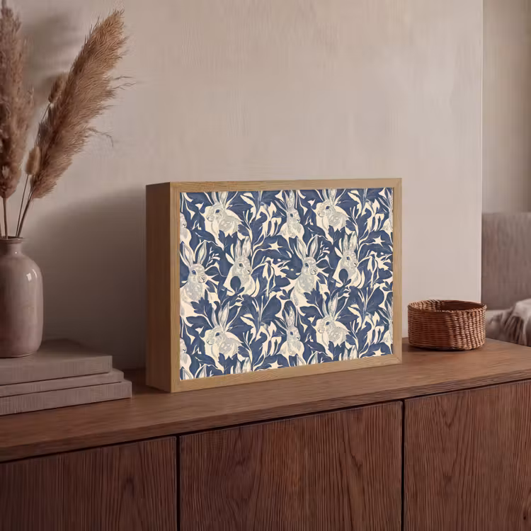 Hazen - Bladeren - Patroon - Blauw - Beige Light Box met batterij (Wandlamp) middel 907 -sfeer2