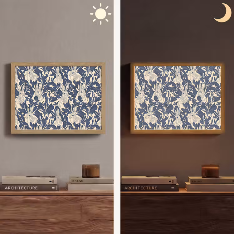 Hazen - Bladeren - Patroon - Blauw - Beige Light Box met batterij (Wandlamp) middel 907 -sfeer3