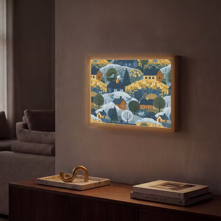 Huisjes - Bloemen - Patroon - Geel - Blauw Light Box met batterij (Wandlamp) middel 907 -sfeer1