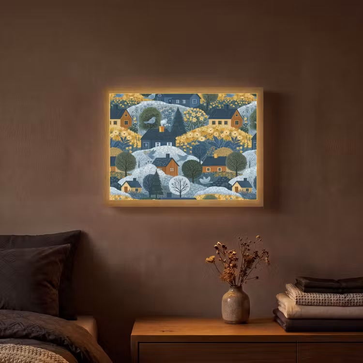 Huisjes - Bloemen - Patroon - Geel - Blauw Light Box met batterij (Wandlamp) middel 907 -sfeer4