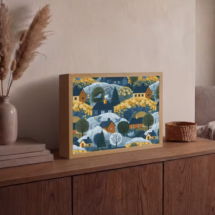 Huisjes - Bloemen - Patroon - Geel - Blauw Light Box met batterij (Wandlamp) middel 907 -sfeer2