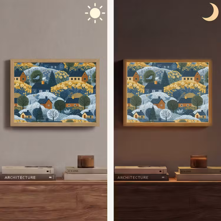 Huisjes - Bloemen - Patroon - Geel - Blauw Light Box met batterij (Wandlamp) middel 907 -sfeer3