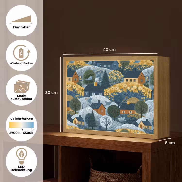 Huisjes - Bloemen - Patroon - Geel - Blauw Light Box met batterij (Wandlamp) middel 907 -USP_websiteoverzichtDE