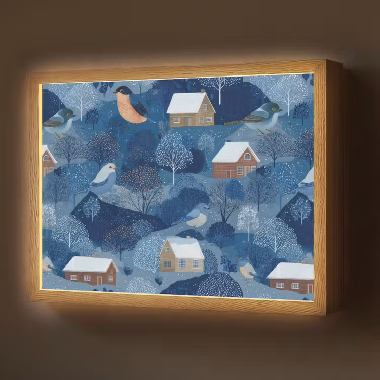 Huisjes - Vogels - Sneeuw - Winter - Blauw Light Box met batterij (Wandlamp) middel 907 -z3d_website
