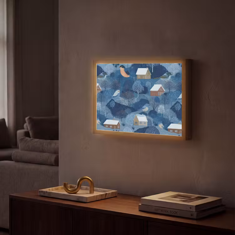 Huisjes - Vogels - Sneeuw - Winter - Blauw Light Box met batterij (Wandlamp) middel 907 -sfeer1