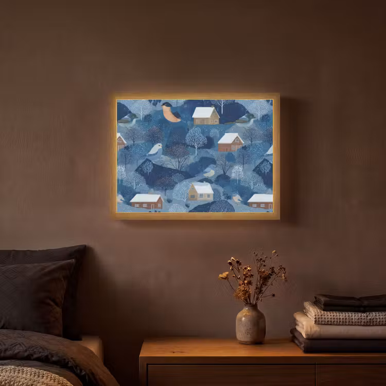 Huisjes - Vogels - Sneeuw - Winter - Blauw Light Box met batterij (Wandlamp) middel 907 -sfeer4