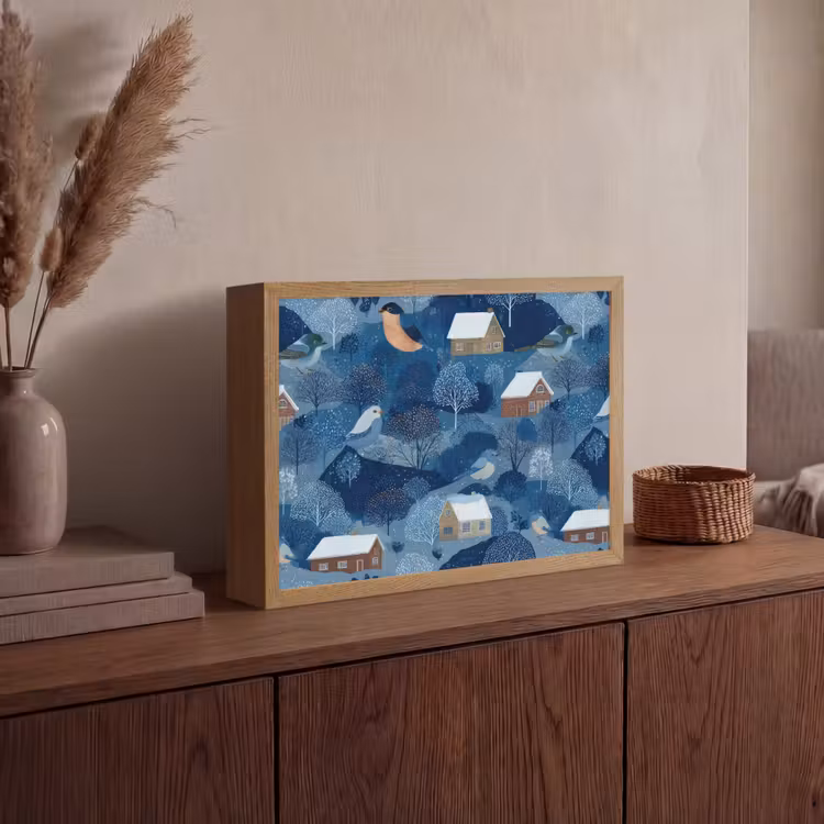 Huisjes - Vogels - Sneeuw - Winter - Blauw Light Box met batterij (Wandlamp) middel 907 -sfeer2