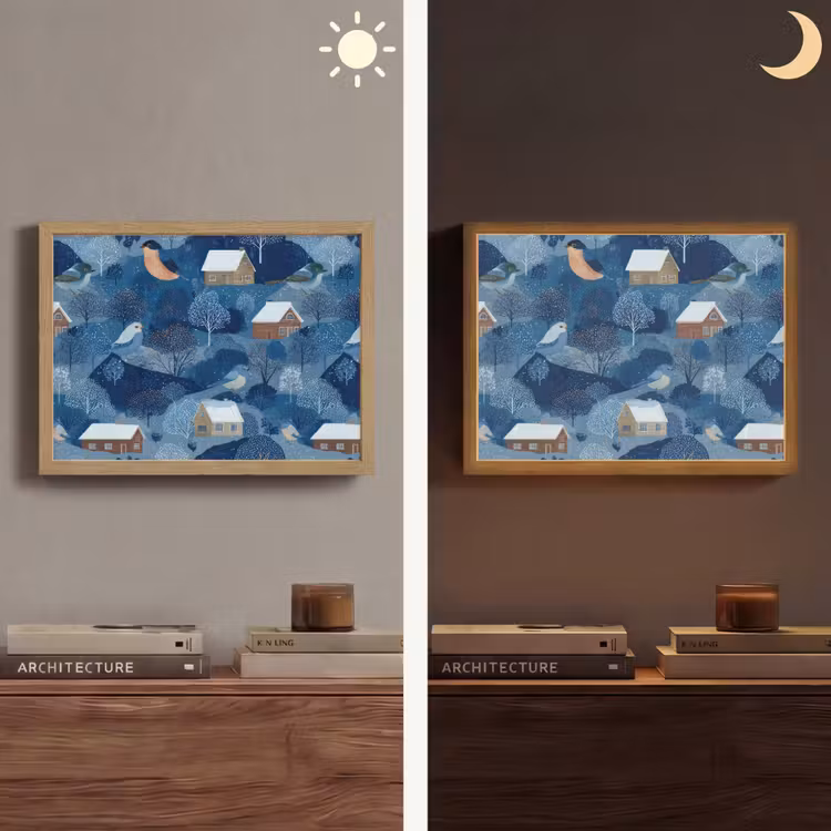 Huisjes - Vogels - Sneeuw - Winter - Blauw Light Box met batterij (Wandlamp) middel 907 -sfeer3