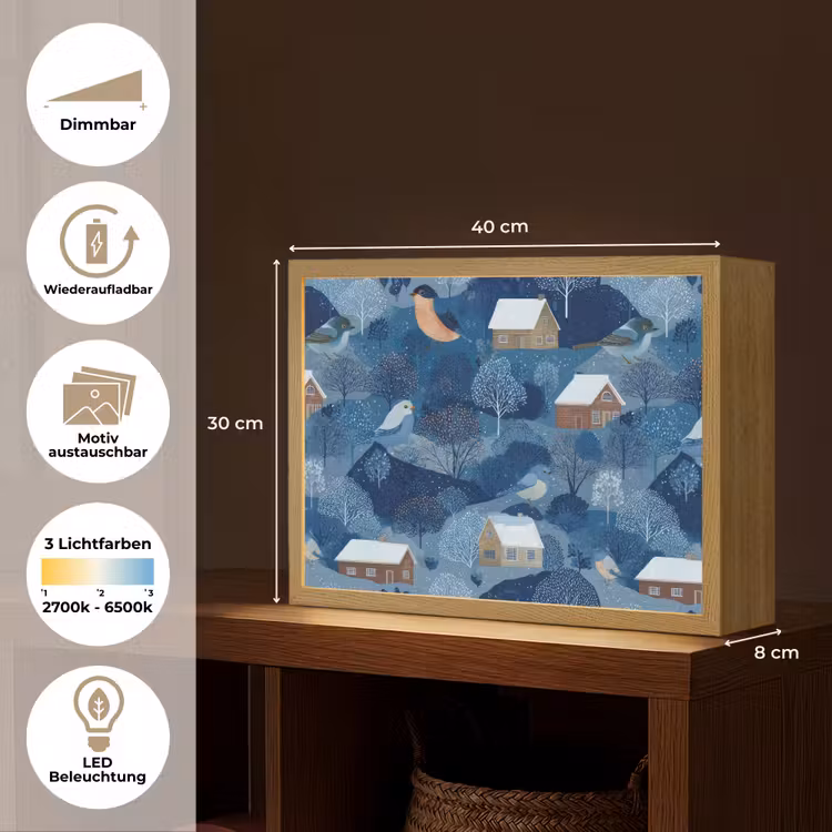 Huisjes - Vogels - Sneeuw - Winter - Blauw Light Box met batterij (Wandlamp) middel 907 -USP_websiteoverzichtDE