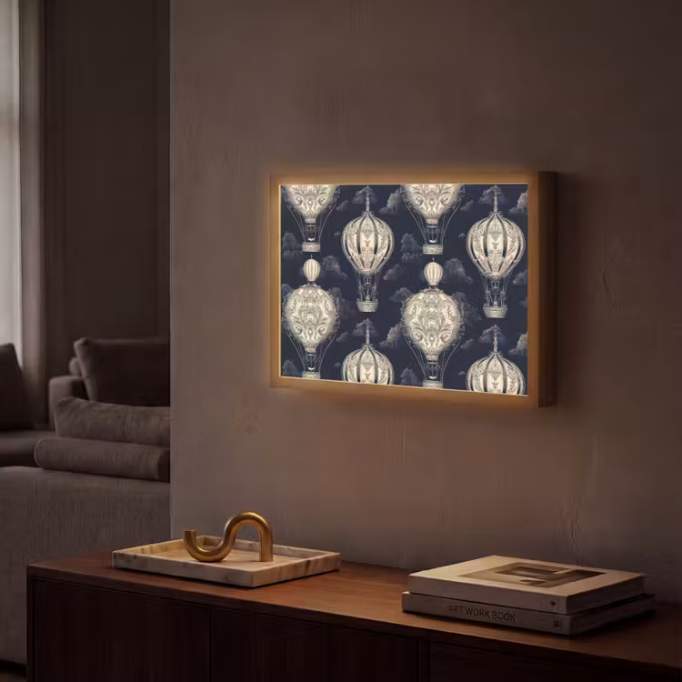 Luchtballonnen - Wolken - Patroon - Donkerblauw Light Box met batterij (Wandlamp) middel 907 -sfeer1