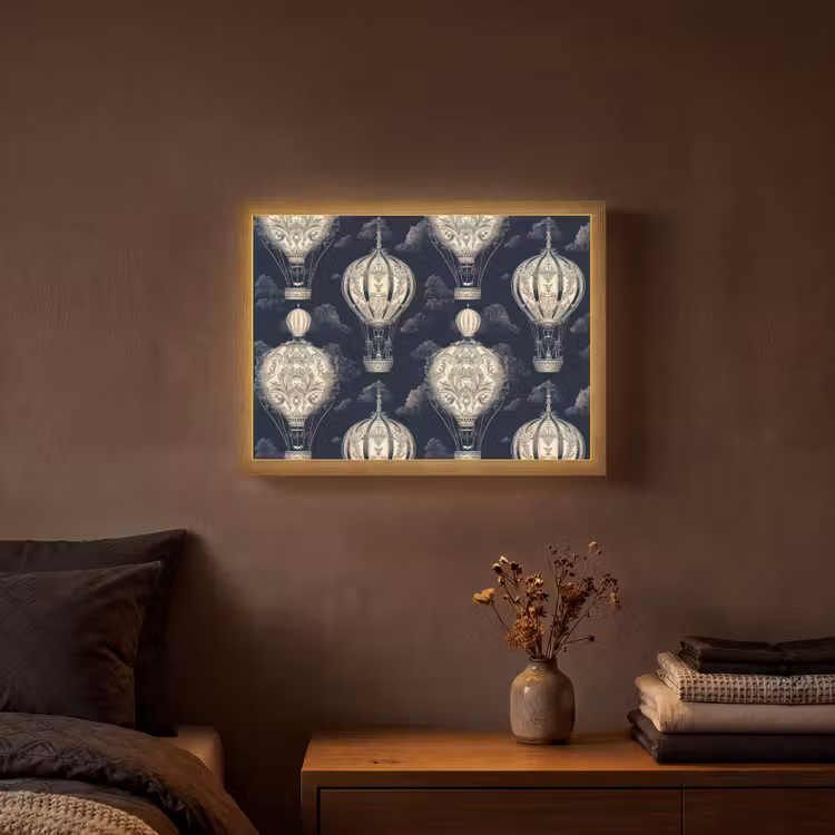 Luchtballonnen - Wolken - Patroon - Donkerblauw Light Box met batterij (Wandlamp) middel 907 -sfeer4