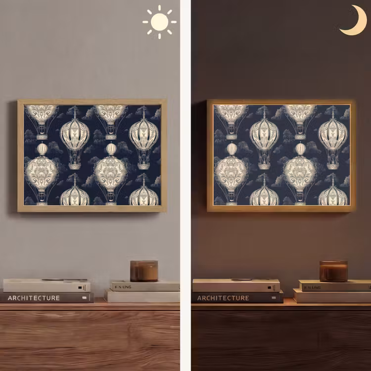 Luchtballonnen - Wolken - Patroon - Donkerblauw Light Box met batterij (Wandlamp) middel 907 -sfeer3