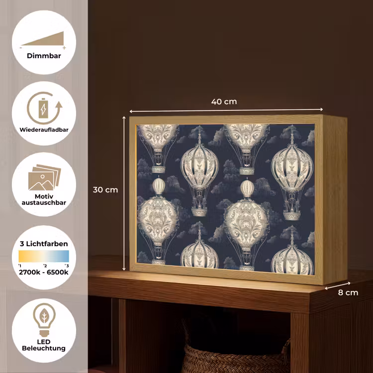 Luchtballonnen - Wolken - Patroon - Donkerblauw Light Box met batterij (Wandlamp) middel 907 -USP_websiteoverzichtDE