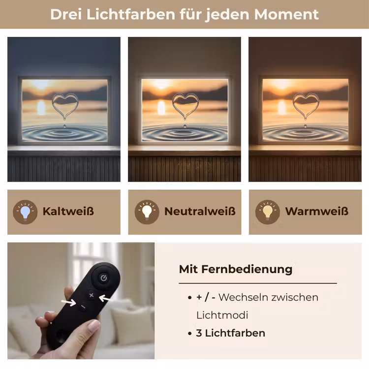 Hart - Water - Zonsondergang - Natuur - Zen Light Box met batterij (Wandlamp) middel -USP_lichtkleurDE