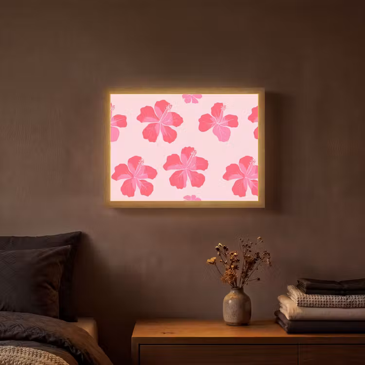 Hibiscus - Bloemen - Roze Light Box met batterij (Wandlamp) middel 907 -sfeer4