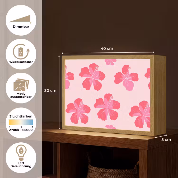 Hibiscus - Bloemen - Roze Light Box met batterij (Wandlamp) middel 907 -USP_websiteoverzichtDE
