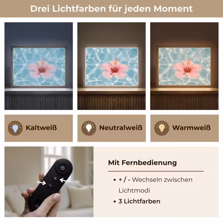 Hibiscus - Water - Roze Light Box met batterij (Wandlamp) middel -USP_lichtkleurDE