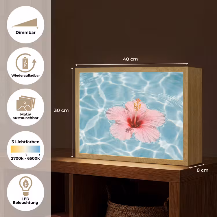 Hibiscus - Water - Roze Light Box met batterij (Wandlamp) middel -USP_websiteoverzichtDE