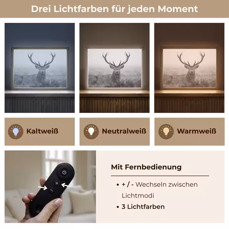 Hert - Mistig - Zwart - Wit Light Box met batterij (Wandlamp) middel -USP_lichtkleurDE