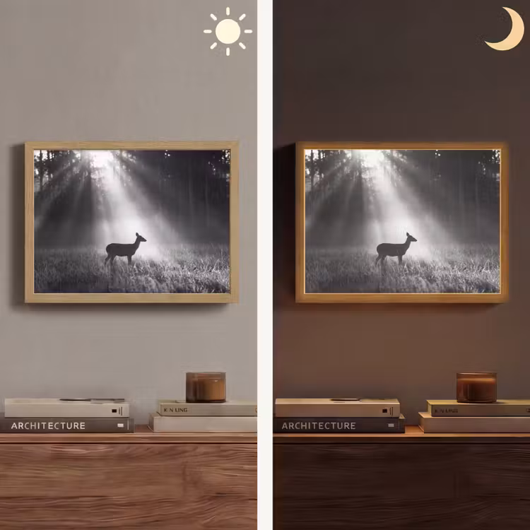 Hert - Bos - Zonnestralen - Zwart-wit - Natuur Light Box met batterij (Wandlamp) middel -sfeer3
