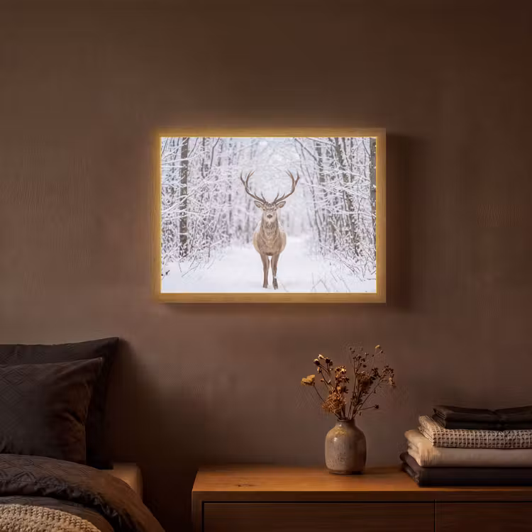Hert - Winter - Bos - Natuur - Wit Light Box met batterij (Wandlamp) middel -sfeer4