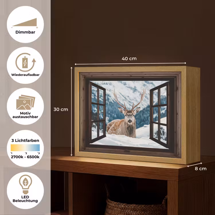 Hert - Landschap - Winter - Natuur - Dieren - Doorkijk - Bergen Light Box met batterij (Wandlamp) middel -USP_websiteoverzichtDE