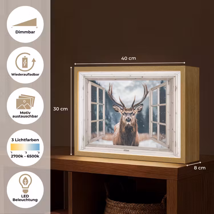 Hert - Dieren - Landschap - Winter - Sneeuw - Doorkijk - Natuur Light Box met batterij (Wandlamp) middel -USP_websiteoverzichtDE