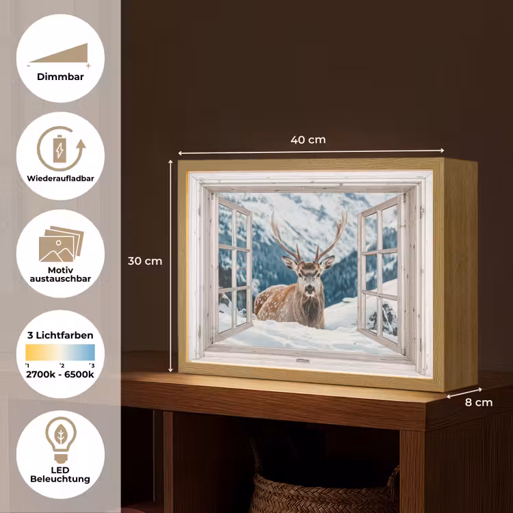 Hert - Winterlandschap - Natuur - Dieren - Doorkijk - Bergen Light Box met batterij (Wandlamp) middel -USP_websiteoverzichtDE