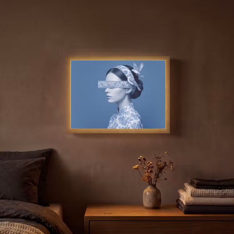 Portret - Klassiek - Wit - Blauw Light Box met batterij (Wandlamp) middel -sfeer4