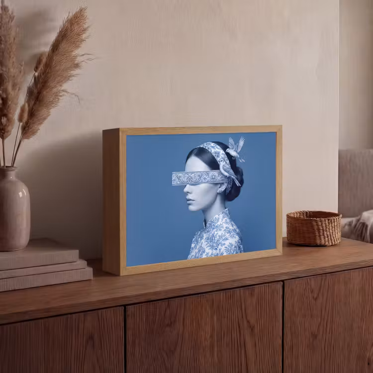 Portret - Klassiek - Wit - Blauw Light Box met batterij (Wandlamp) middel -sfeer2