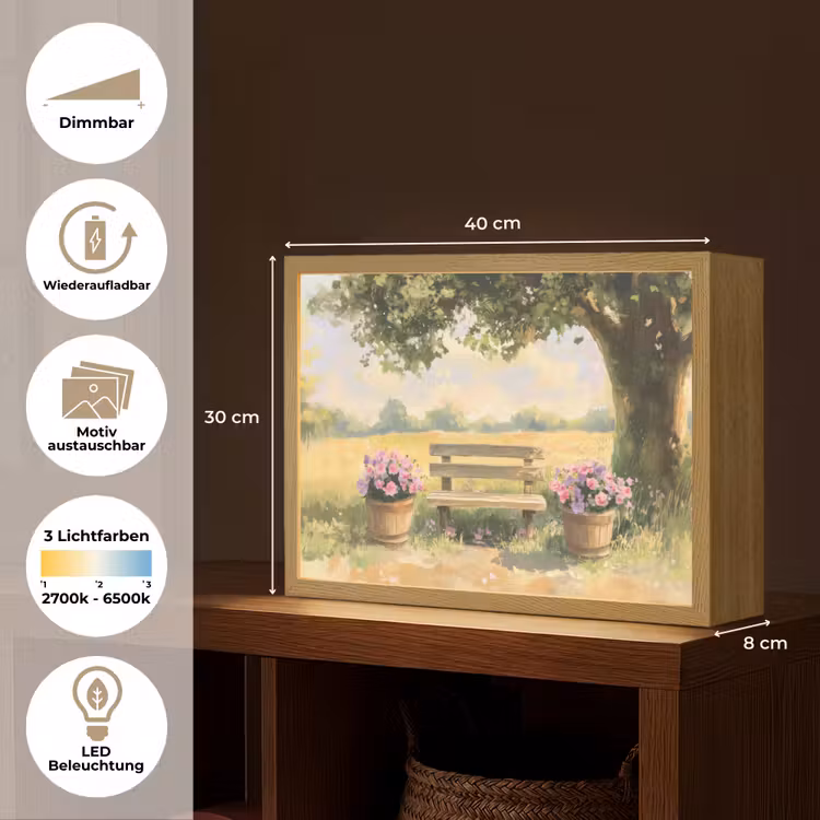 Houten bankje - Bloempotten - Landschap Light Box met batterij (Wandlamp) middel -USP_websiteoverzichtDE