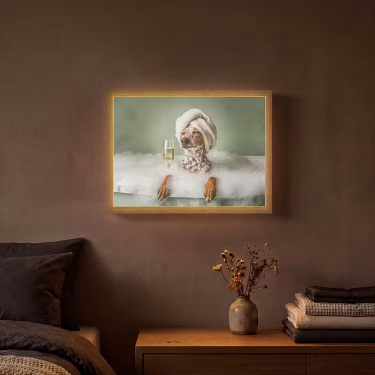 Hond - Bad - Champagne - Handdoek Light Box met batterij (Wandlamp) middel -sfeer4