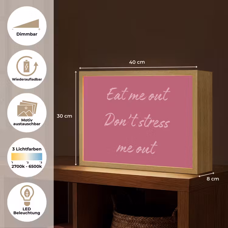eat me out don't stress me out - Roze - Minimalistisch Light Box met batterij (Wandlamp) middel -USP_websiteoverzichtDE