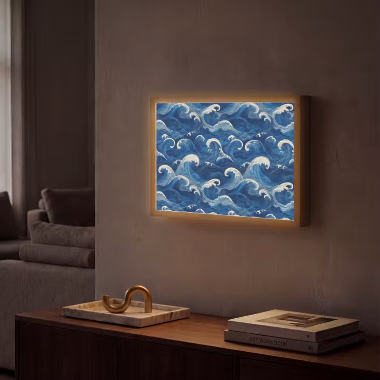 Japans - Oceaan - Golven - Blauw Light Box met batterij (Wandlamp) middel 907 -sfeer1