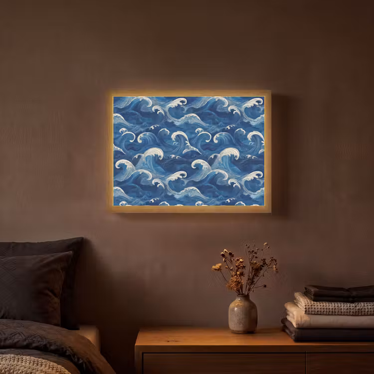 Japans - Oceaan - Golven - Blauw Light Box met batterij (Wandlamp) middel 907 -sfeer4