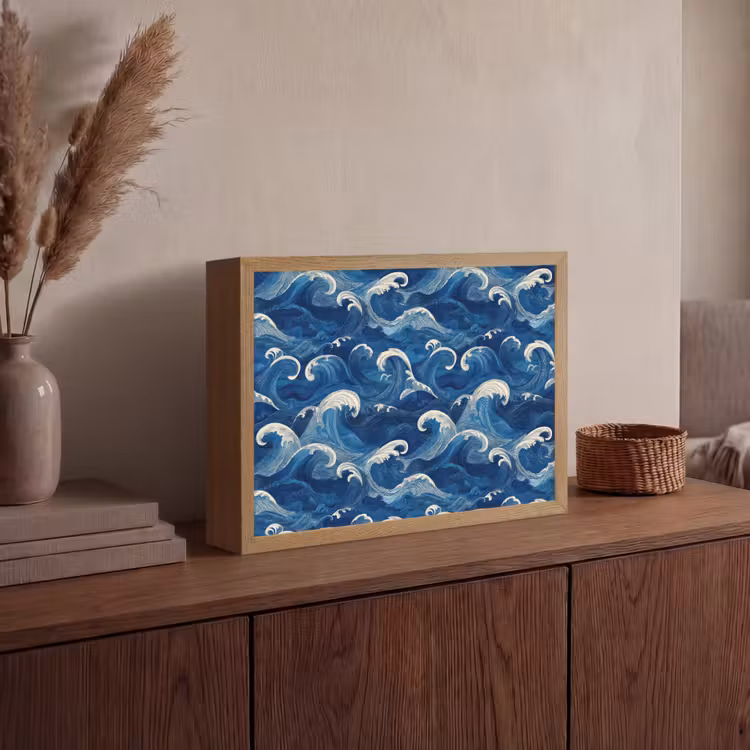 Japans - Oceaan - Golven - Blauw Light Box met batterij (Wandlamp) middel 907 -sfeer2