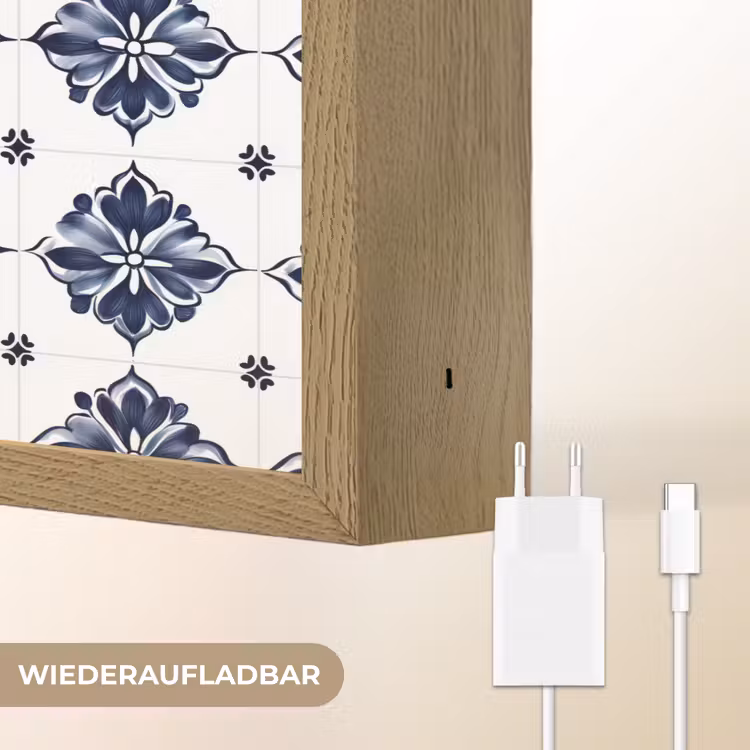 Tegelmotief - Blauw - Wit - Bloem Light Box met batterij (Wandlamp) middel 907 -USP_websiteoplaadbaarDE