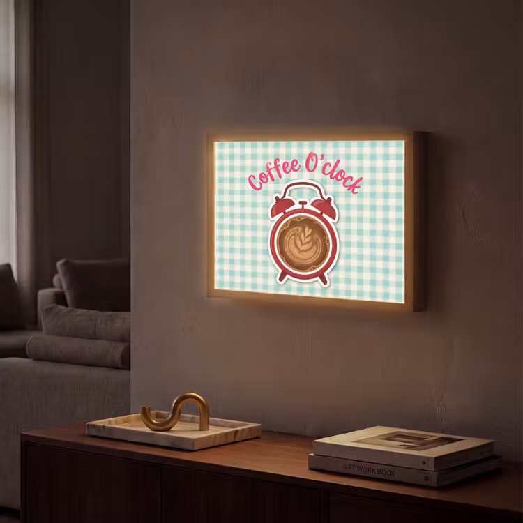 Koffie - Klok - Groen Light Box met batterij (Wandlamp) middel -sfeer1