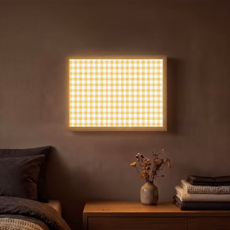 Ruit - Gingham - Klassiek - Geel en Wit Light Box met batterij (Wandlamp) middel 907 -sfeer4