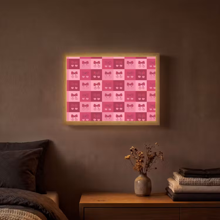 Kersen - Strikjes - Speels - Roze - Bordeaux Light Box met batterij (Wandlamp) middel 907 -sfeer4