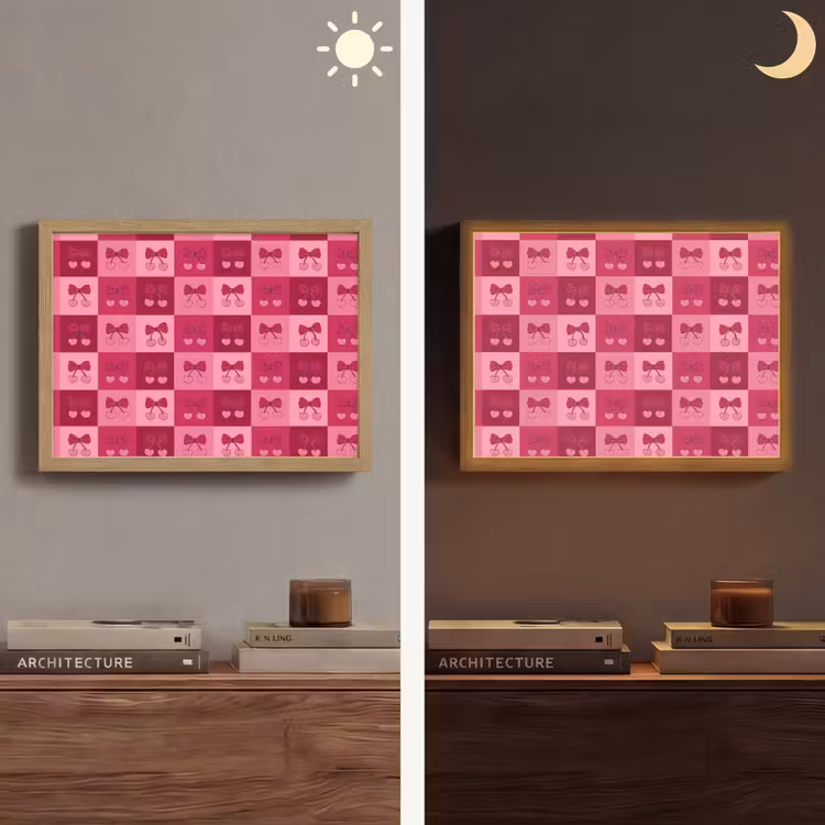 Kersen - Strikjes - Speels - Roze - Bordeaux Light Box met batterij (Wandlamp) middel 907 -sfeer3